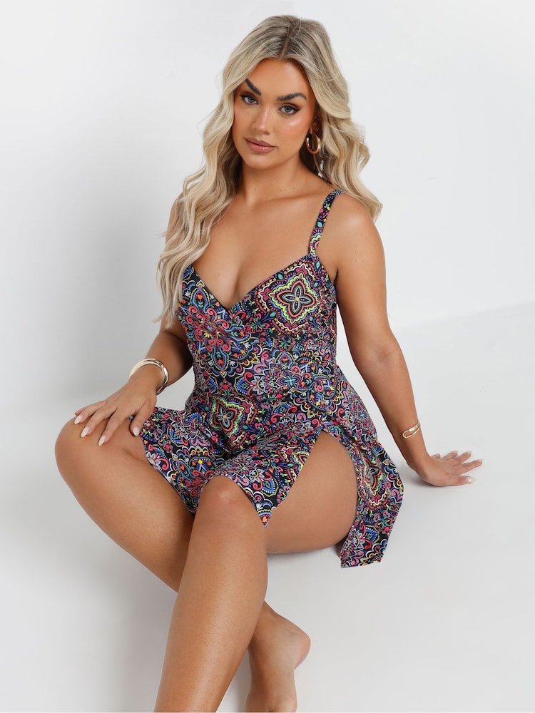 Yours Curve Black Wrapover Skirt Swimdress - Image 2 of 7