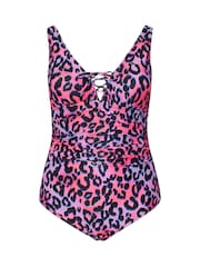 Yours Curve Pink Animal Lace Up Plunge Swimsuit - Image 6 of 7