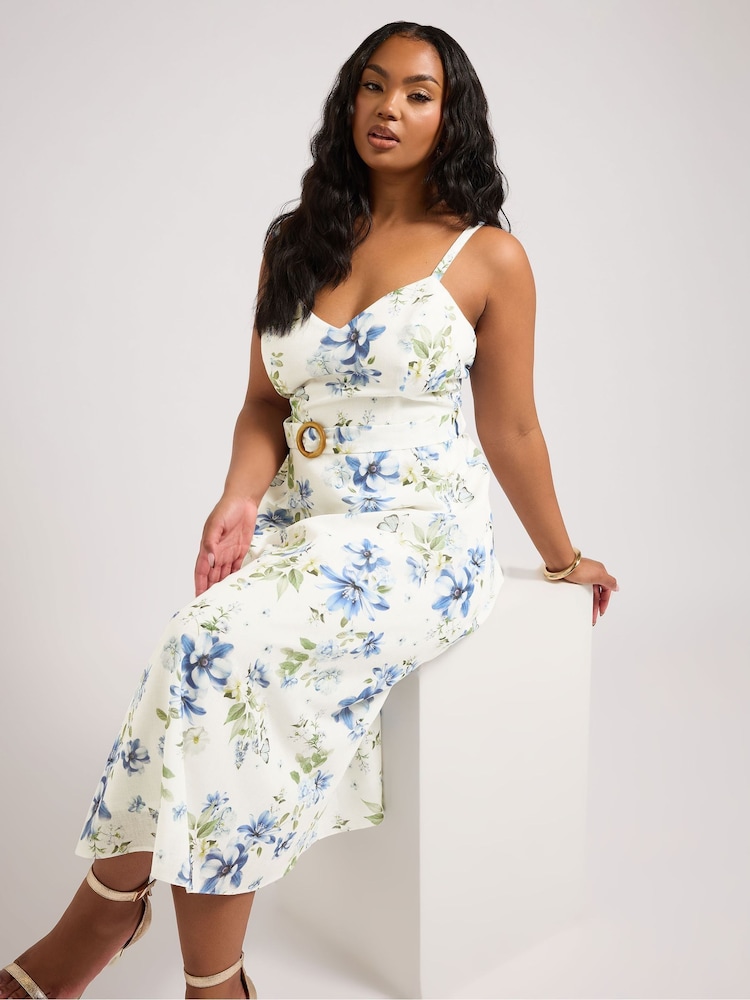 Yours Curve Cream London V-Neck Floral Belted Dress - Image 4 of 5