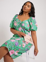 Grün - Yours Curve London Geblümtes Kleid mit Puffärmeln - Bild 1 von 5