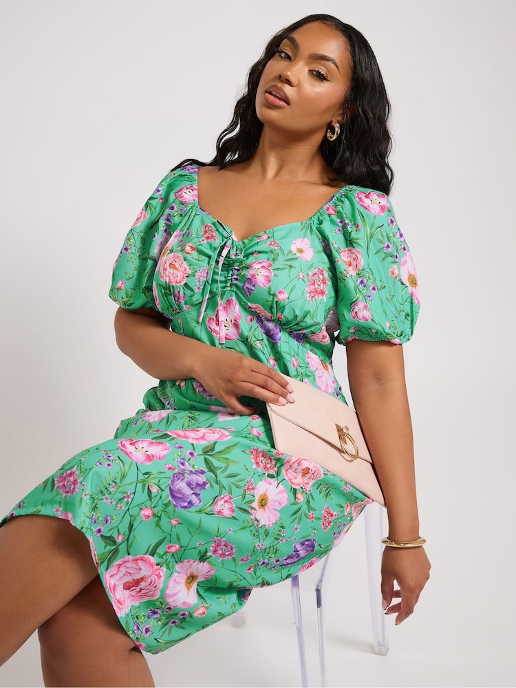 Grün - Yours Curve London Geblümtes Kleid mit Puffärmeln - Bild 1 von 5