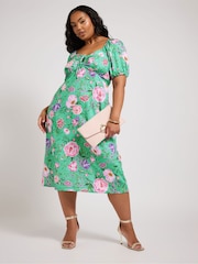 Grün - Yours Curve London Geblümtes Kleid mit Puffärmeln - Bild 2 von 5
