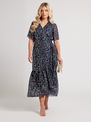 Yours Curve Blue London Foil Ruffle Tiered Dress - Image 1 of 5