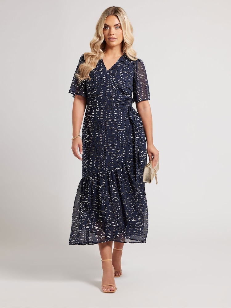 Yours Curve Blue London Foil Ruffle Tiered Dress - Image 1 of 5