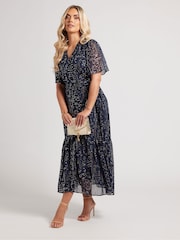 Yours Curve Blue London Foil Ruffle Tiered Dress - Image 2 of 5