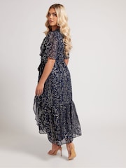 Yours Curve Blue London Foil Ruffle Tiered Dress - Image 3 of 5
