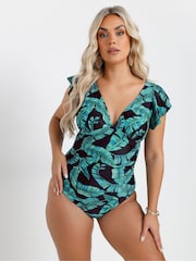 Yours Curve Green Leaf Frill Sleeve Swimsuit - Image 2 of 7