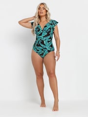 Yours Curve Green Leaf Frill Sleeve Swimsuit - Image 3 of 7