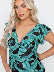 Yours Curve Green Leaf Frill Sleeve Swimsuit - Image 5 of 7