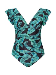 Yours Curve Green Leaf Frill Sleeve Swimsuit - Image 6 of 7