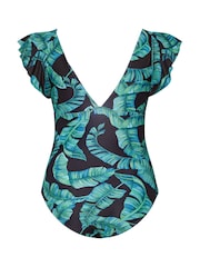 Yours Curve Green Leaf Frill Sleeve Swimsuit - Image 7 of 7