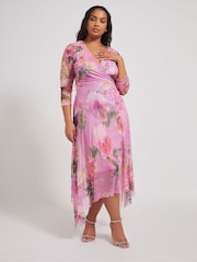 Yours Curve Pink London Flower Mesh Cowl Hanky Hem Dress - Image 5 of 6