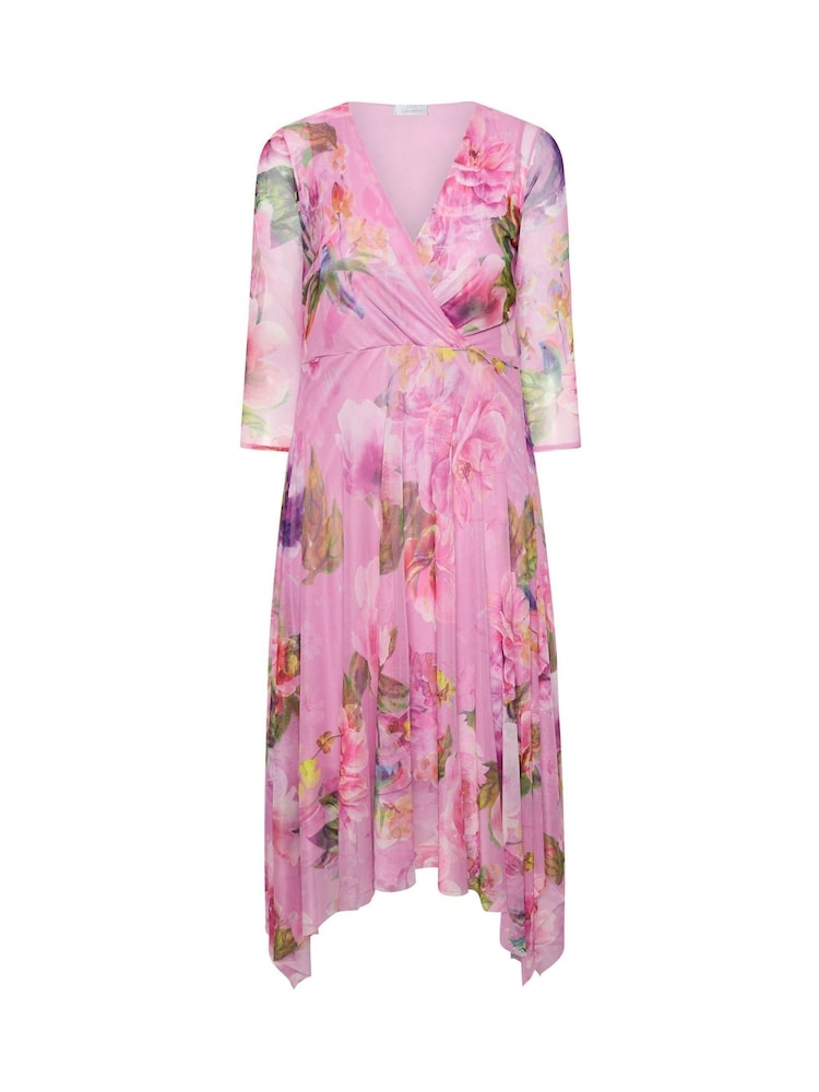 Yours Curve Pink London Flower Mesh Cowl Hanky Hem Dress - Image 6 of 6