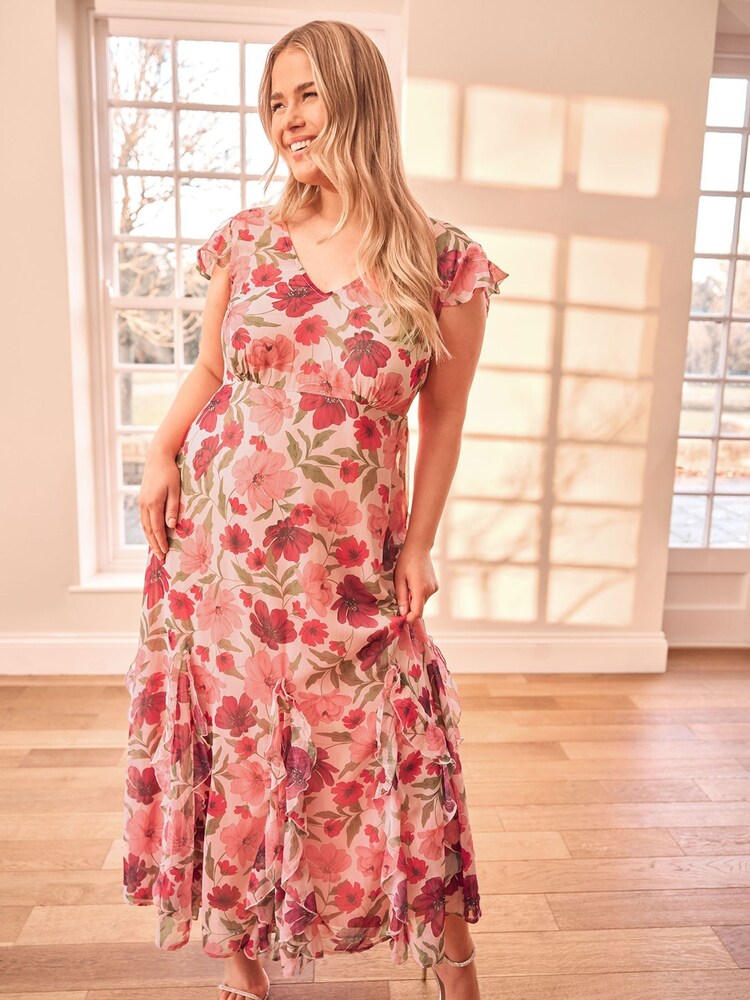 Yours Curve Pink London Floral Print Ruffle Hem Dress