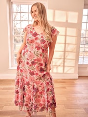 Yours Curve Pink London Floral Print Ruffle Hem Dress - Image 1 of 6