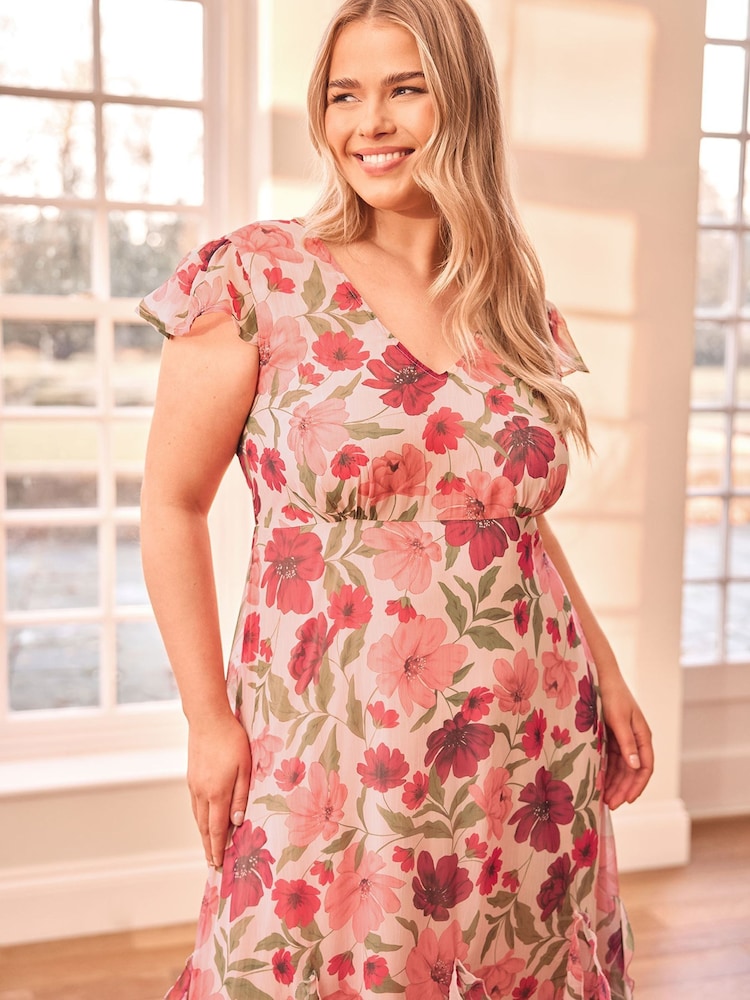 Yours Curve Pink London Floral Print Ruffle Hem Dress - Image 2 of 6