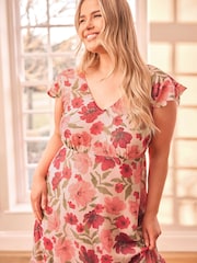 Yours Curve Pink London Floral Print Ruffle Hem Dress - Image 3 of 6