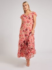 Yours Curve Pink London Floral Print Ruffle Hem Dress - Image 4 of 6
