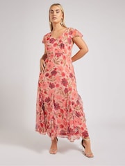 Yours Curve Pink London Floral Print Ruffle Hem Dress - Image 5 of 6