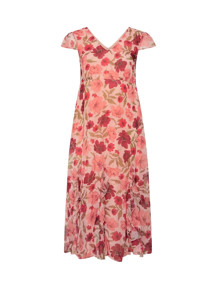 Yours Curve Pink London Floral Print Ruffle Hem Dress - Image 6 of 6