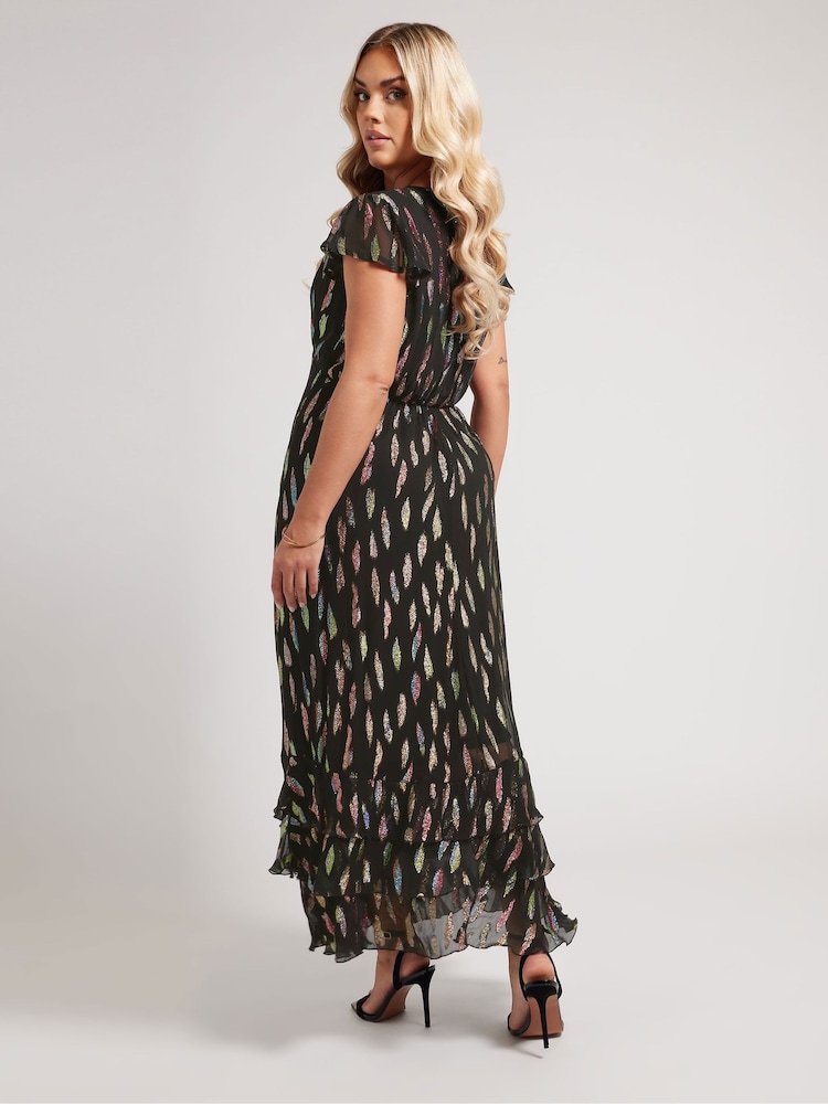 Yours Curve Black London Metallic Ruffle Dress - Image 3 of 6