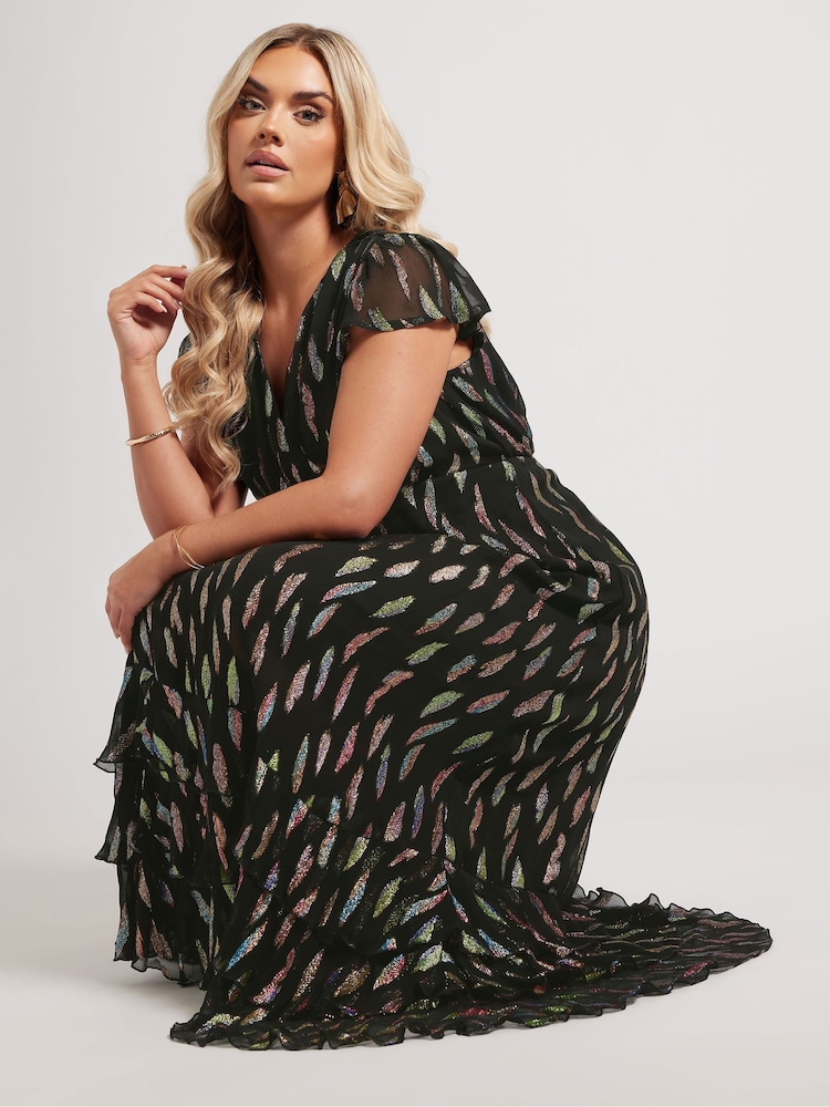 Yours Curve Black London Metallic Ruffle Dress - Image 4 of 6