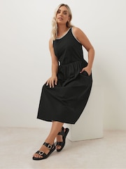Yours Curve Black 100% Cotton Poplin Blanket Stitch Dress - Image 1 of 5