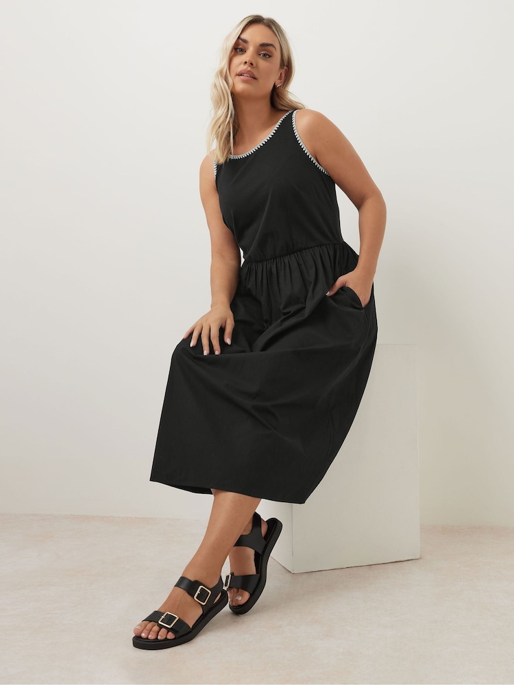 Yours Curve Black 100% Cotton Poplin Blanket Stitch Dress - Image 1 of 5