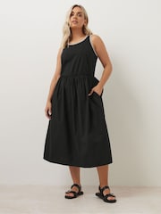 Yours Curve Black 100% Cotton Poplin Blanket Stitch Dress - Image 2 of 5