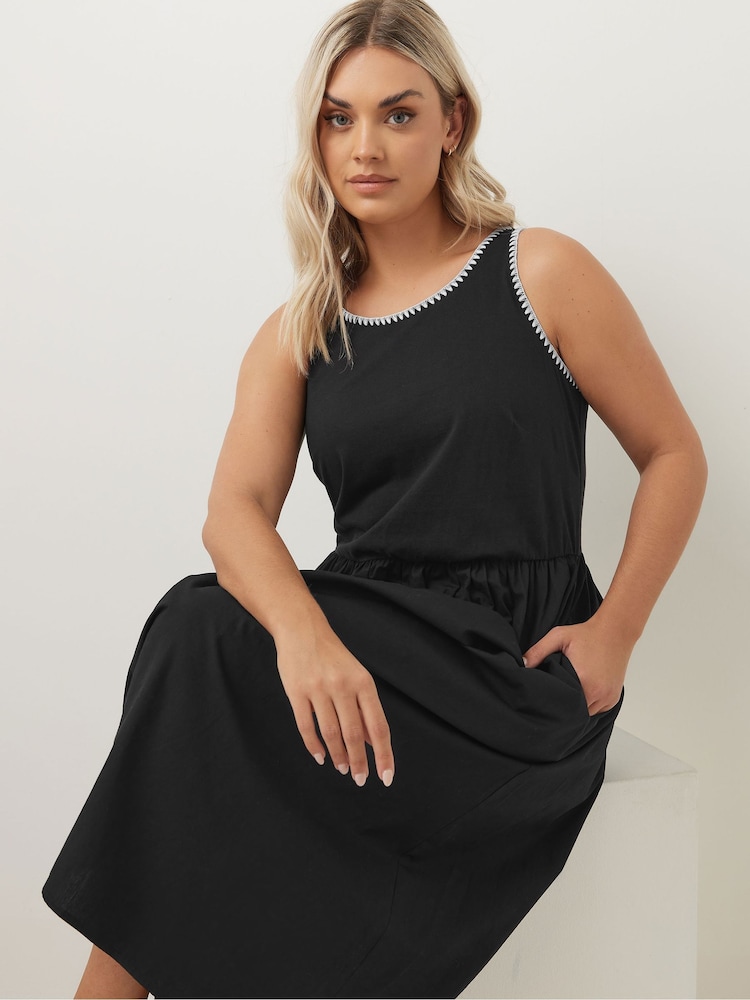 Yours Curve Black 100% Cotton Poplin Blanket Stitch Dress - Image 5 of 5