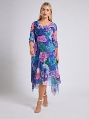 Yours Curve Blue London Flower Mesh Cowl Hanky Hem Dress - Image 1 of 5