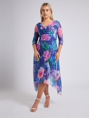 Yours Curve Blue London Flower Mesh Cowl Hanky Hem Dress - Image 2 of 5