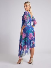 Yours Curve Blue London Flower Mesh Cowl Hanky Hem Dress - Image 3 of 5