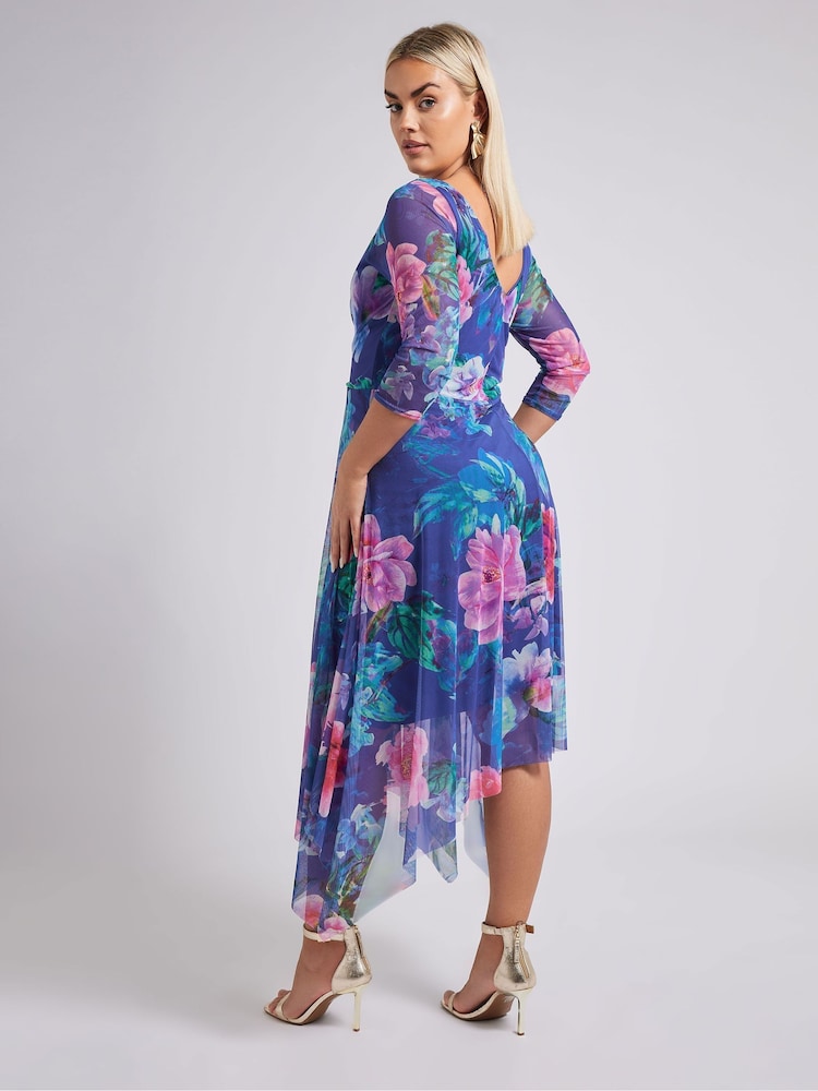 Yours Curve Blue London Flower Mesh Cowl Hanky Hem Dress - Image 3 of 5