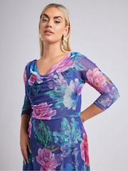 Yours Curve Blue London Flower Mesh Cowl Hanky Hem Dress - Image 4 of 5