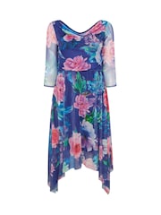 Yours Curve Blue London Flower Mesh Cowl Hanky Hem Dress - Image 5 of 5