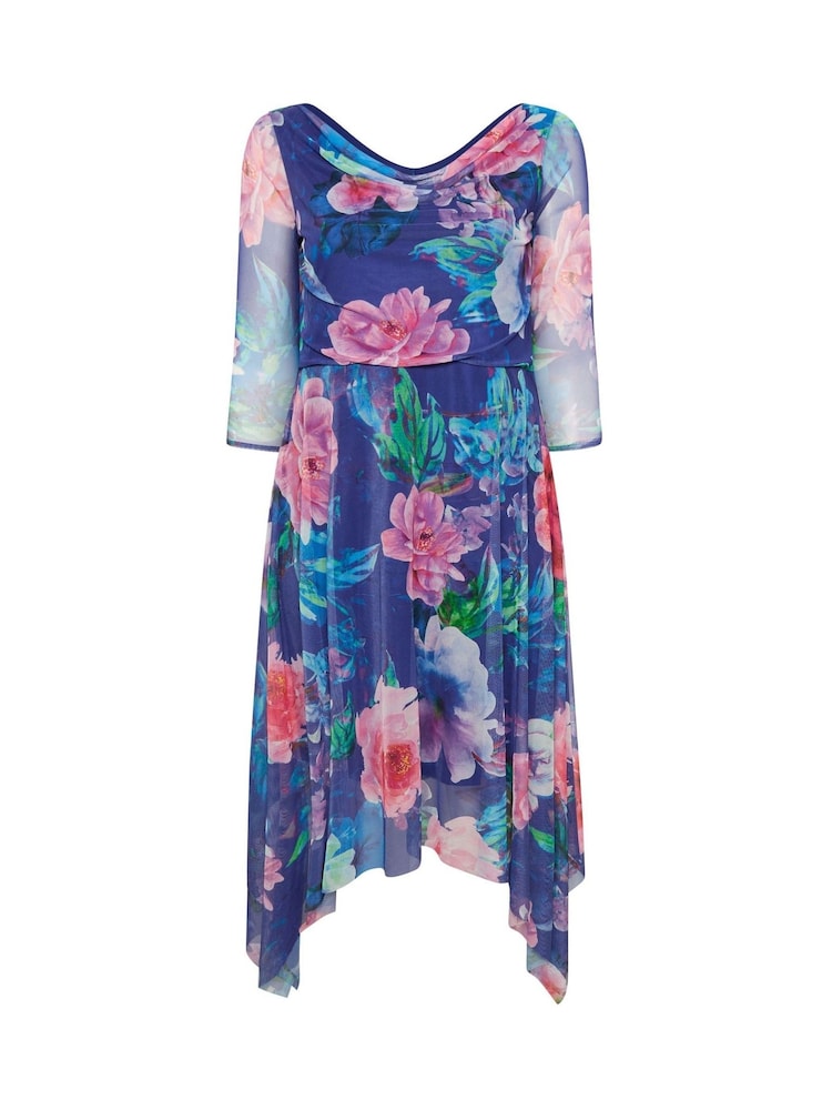 Yours Curve Blue London Flower Mesh Cowl Hanky Hem Dress - Image 5 of 5