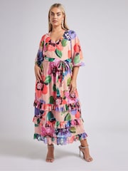 Yours Curve Pink London Floral Tiered V-Neck Maxi Dress - Image 1 of 6