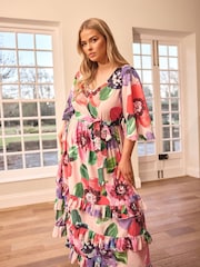 Yours Curve Pink London Floral Tiered V-Neck Maxi Dress - Image 4 of 6