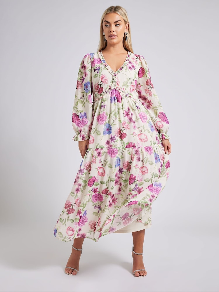 Yours Curve London Floral Print Ruff Tier Dress - Image 1 of 6 Yours Curve London Floral Print Ruff Tier Dress - Image 1 of 6