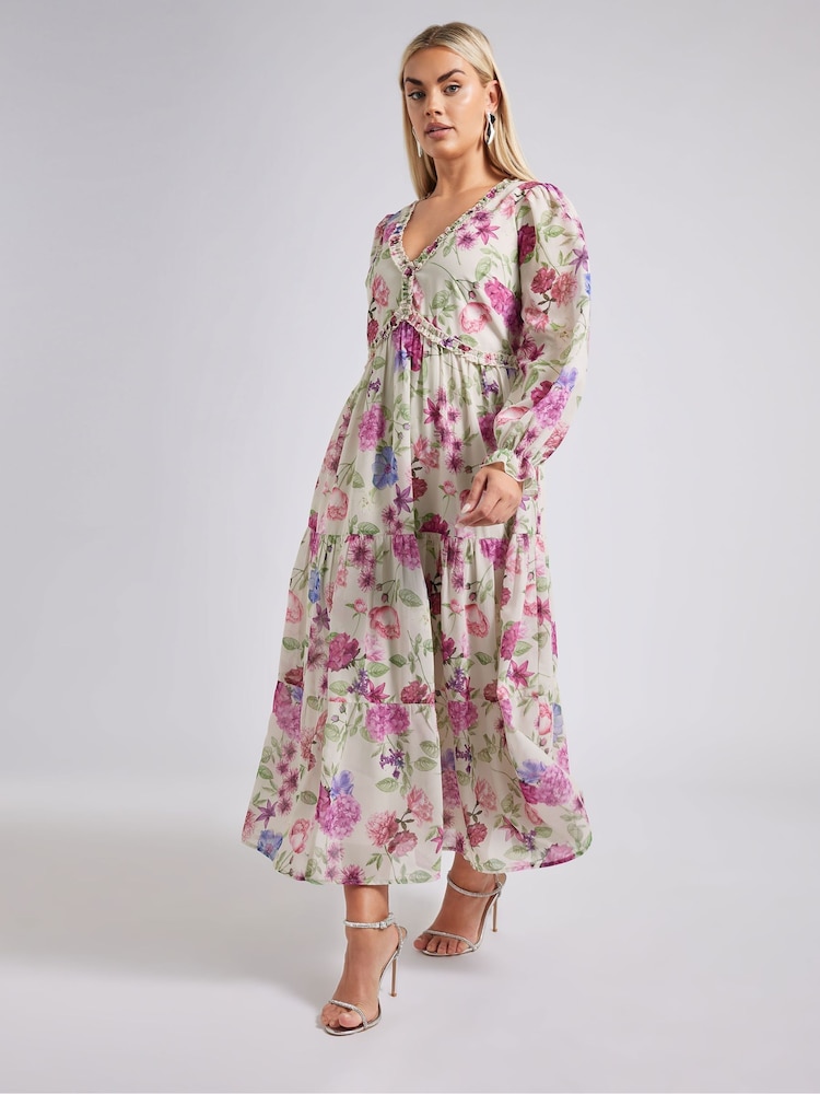 Yours Curve London Floral Print Ruff Tier Dress - Image 2 of 6 Yours Curve London Floral Print Ruff Tier Dress - Image 2 of 6