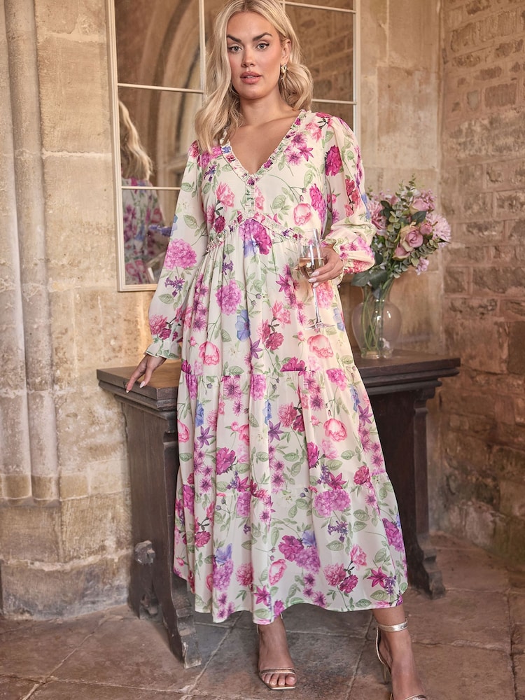 Yours Curve White London Floral Print Ruff Tier Dress - Image 4 of 6
