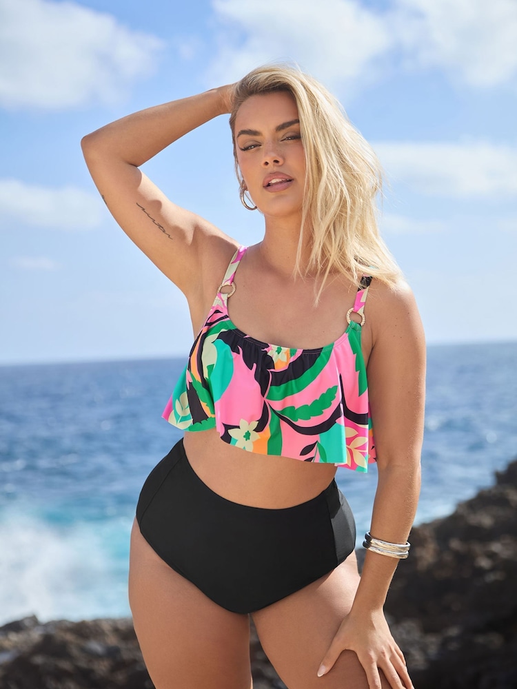 Yours Curve Pink Floral Frill Bikini Top - Image 1 of 7