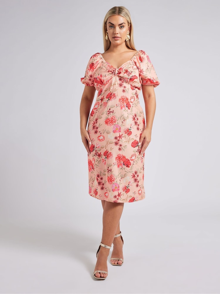Pink - Yours Curve London Geblümtes Kleid mit Puffärmeln - Bild 1 von 6