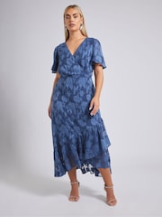 Yours Curve Blue London Flower Jacquard Wrap Dress - Image 1 of 6