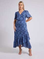 Yours Curve Blue London Flower Jacquard Wrap Dress - Image 2 of 6