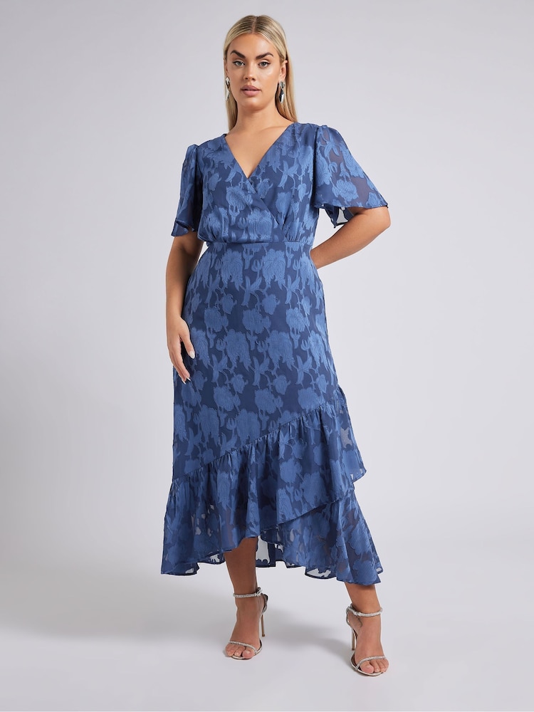Yours Curve Blue London Flower Jacquard Wrap Dress - Image 2 of 6