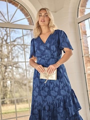 Yours Curve Blue London Flower Jacquard Wrap Dress - Image 3 of 6