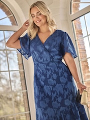 Yours Curve Blue London Flower Jacquard Wrap Dress - Image 4 of 6