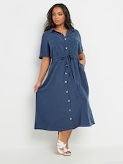 Yours Curve Blue Short Sleeve Chambray Cord Shirt Dress - Image 2 of 5
